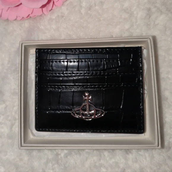 Vivienne Westwood Authentic Black Croc Embossed Card Holder Orb Silver New NWB